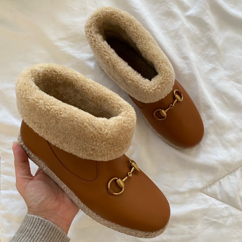 Gucci Horsebit Brown Leather Ankle Boots With Shearling Trim Size 40.5 - Picture 6 of 12
